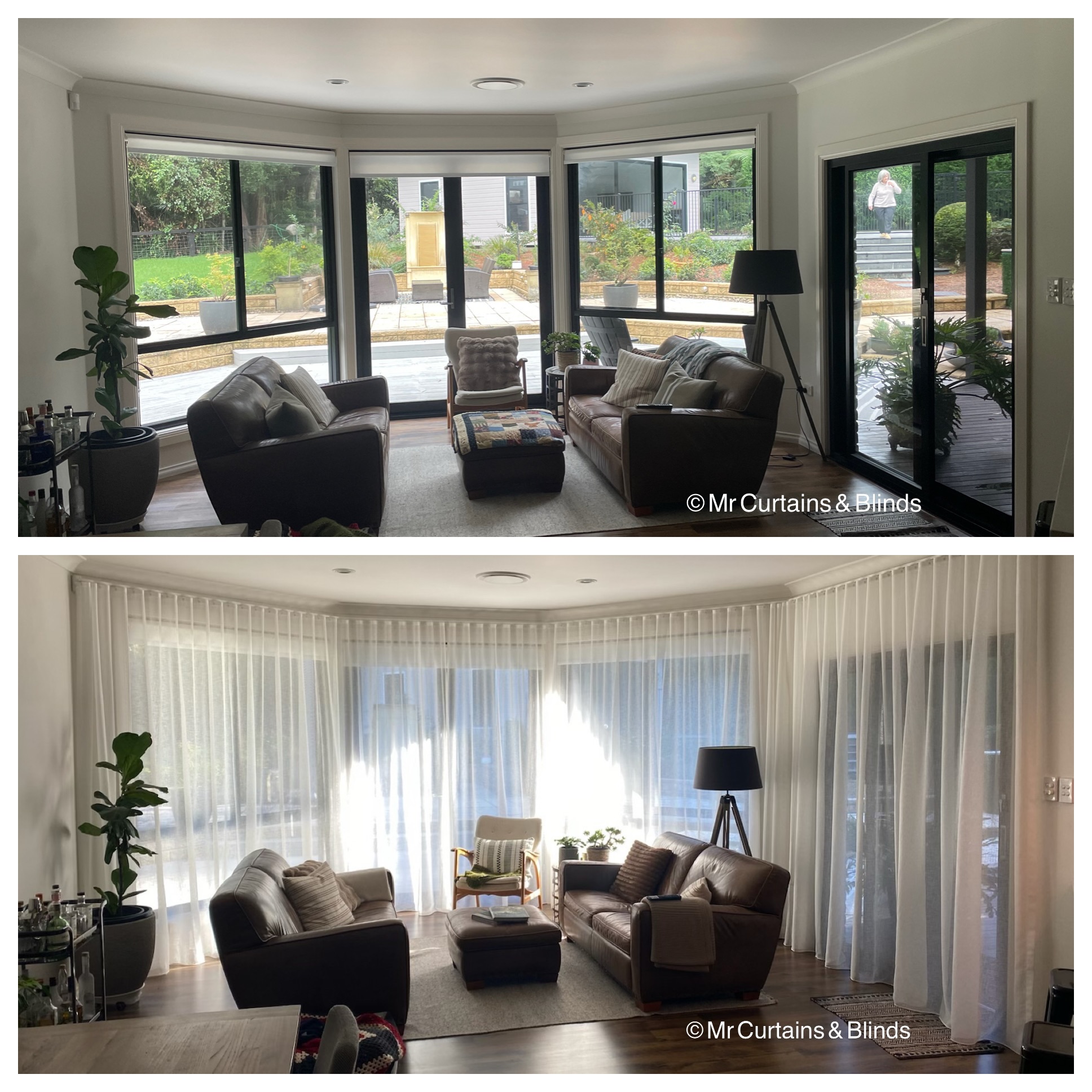 Wave fold sheer curtains before and after Central Coast curtains