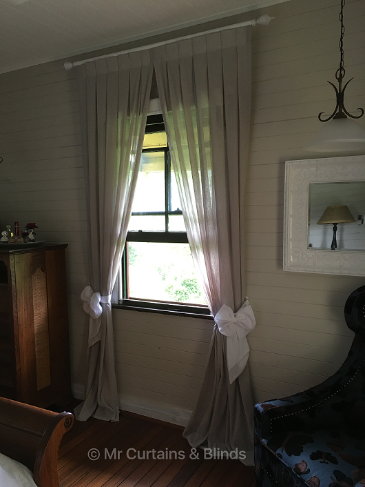 Inverted pleat sheer curtains on decorator rod Yarramalong home fabric Capri by Charles Parsons